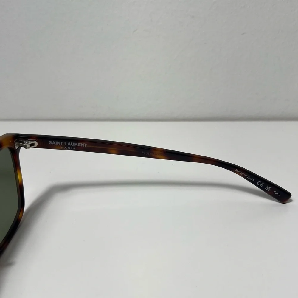 Saint Laurent YSL Logo Tortoise Shell Havana Green Cat Eye Square Sunglasses
